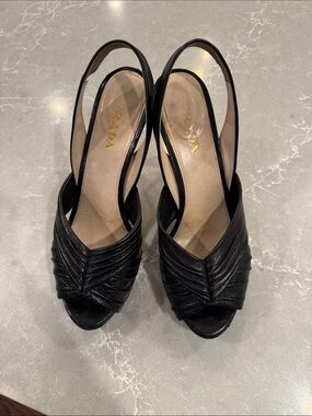 Prada Black Leather Peep-Toe Slingback Heels size 9